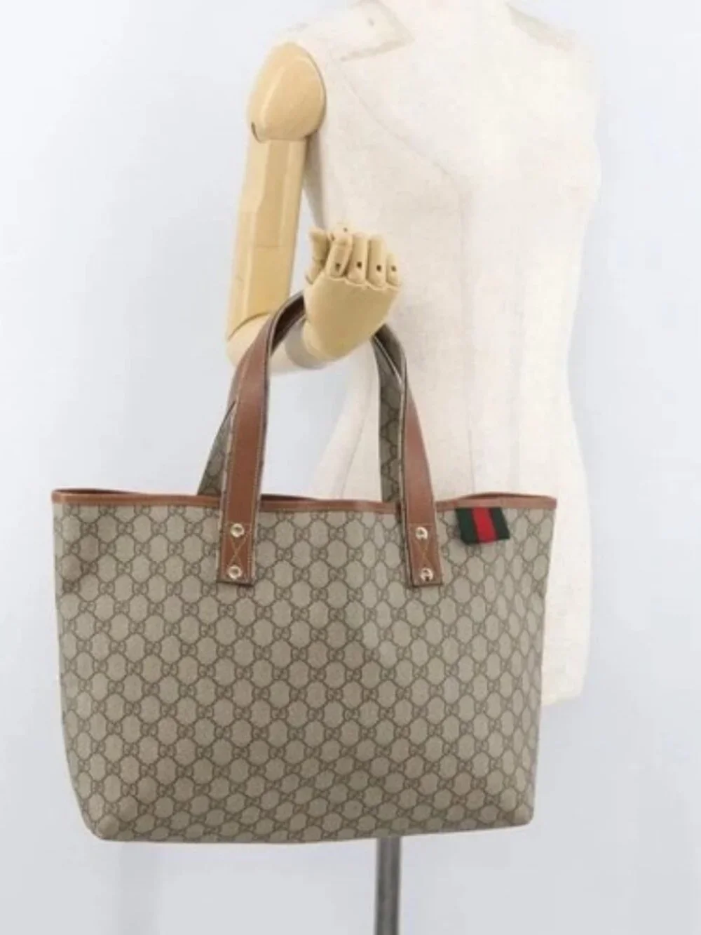 GUCCI GG Supreme Web Sherry Line Tote Bag PVC Beige Gold 211134 Auth BA13026
